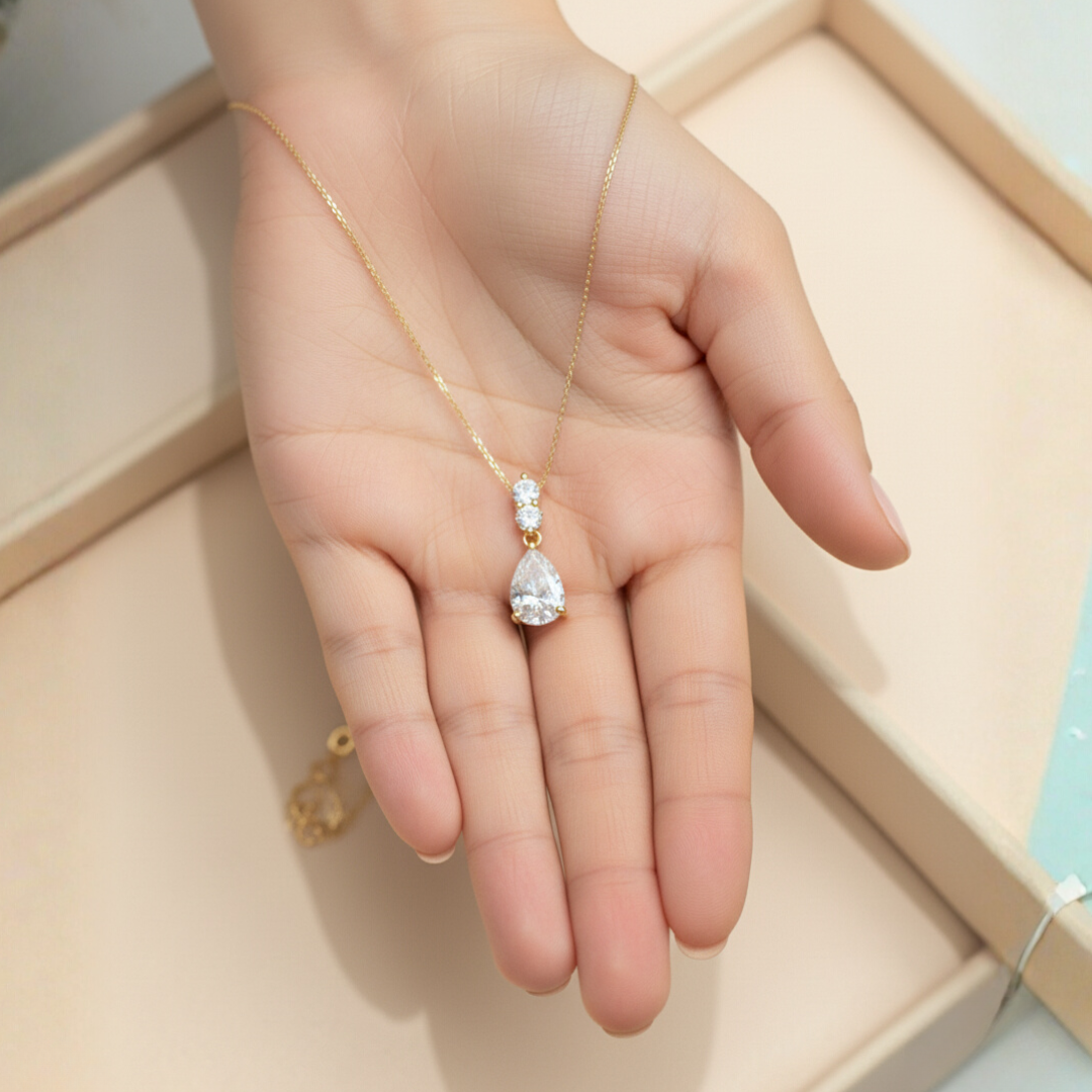 PURE DROP CONJUNTO CADENA -DIJE ORO 14K TIPO GOTA C/ZIRCON