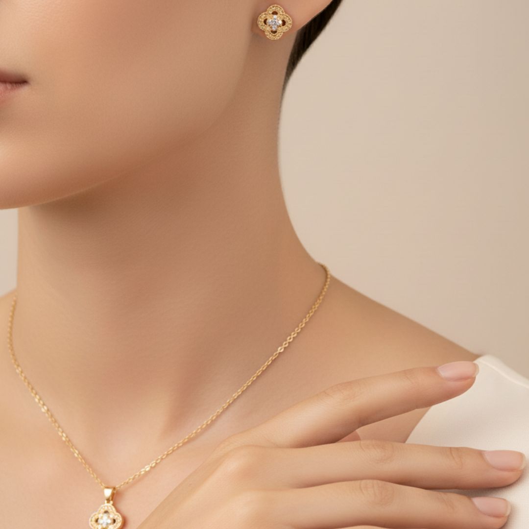 SET LUCKY GLOW 14K ORO14 K CADENA C/ DIJE Y ARO TREBOL COMBINADO 45CM