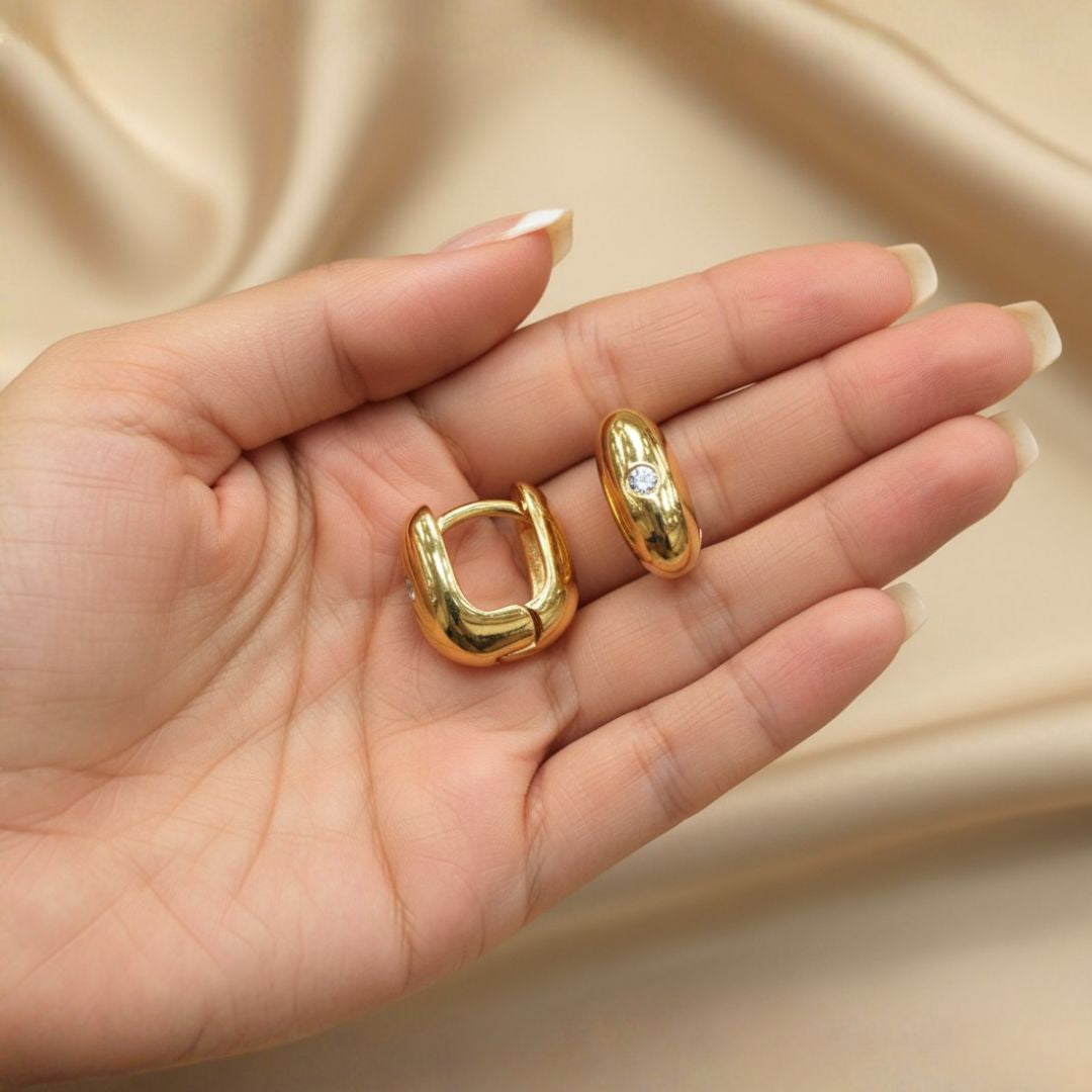 LAGRIMA DORADA ARO ARGOLLA ORO 14K CUADRADA BOMBE C/UN ZIRCON