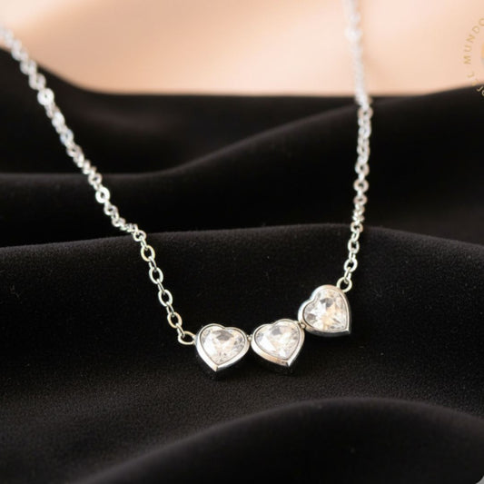 SILVER HEART TRIO COLLAR DE ACERO ESPEJITO 3 CORAZONES