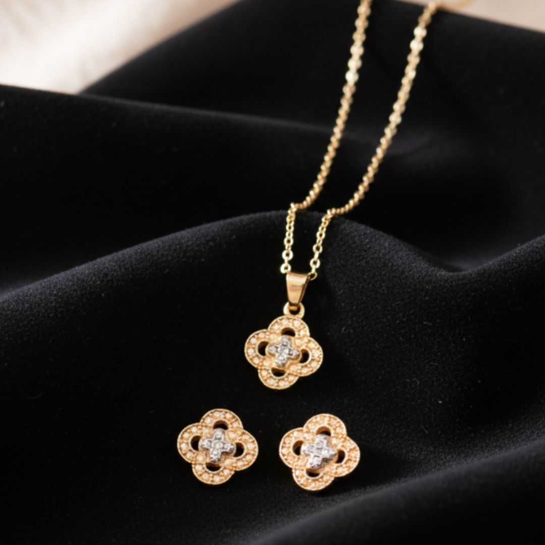 SET LUCKY GLOW 14K ORO14 K CADENA C/ DIJE Y ARO TREBOL COMBINADO 45CM